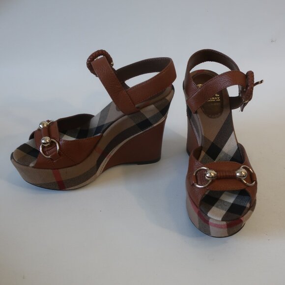 Authentic Burberry Brown Leather Nova Check Plaid Platform Wedge Heel 37 US/7 - Picture 3 of 13